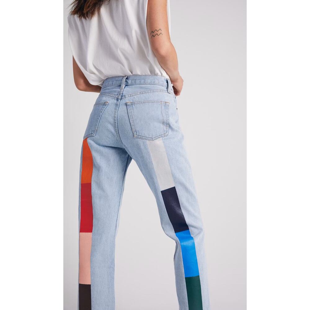 Still Here Jeans Women 28 Tate High Rise Straight Stripe Blue Denim Colorblock